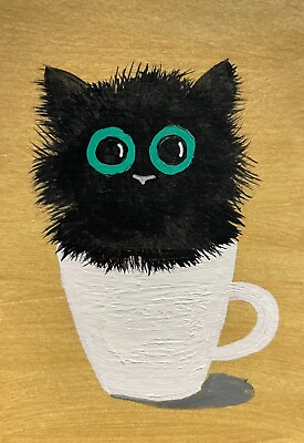#ad ACEO *Print* of Original Art Card Black Fluffy Kitty Cat Kitten amp; Cup by Saulite $4.99
