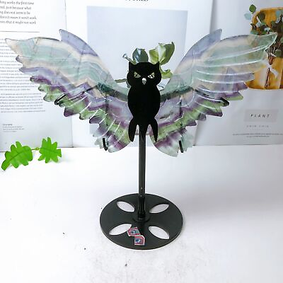 #ad Natural Crystal Quartz Rainbow Fluorite Owl Wings Carving Healing Craft STAND $76.00