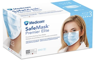 #ad 10 Boxes Medicom Made in USA Premier Elite ASTM Level 3 Face Masks 2042 Blue $130.00