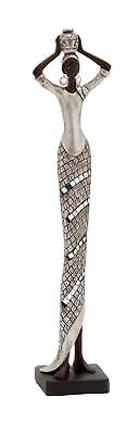 #ad 4quot; x 19quot; Silver Polystone Standing African Woman Sculpture with Mosaic Details $25.46