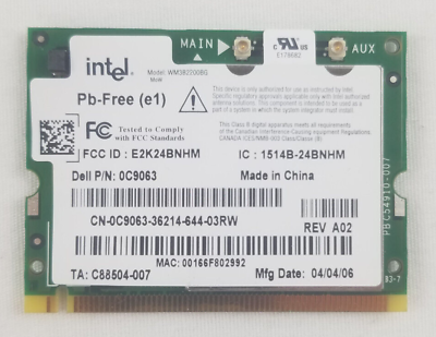 Intel PRO Wireless Mini PCI Wireless Card WM3B2200BG Dell P N 0C9063 $10.00