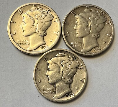 #ad 1928 D 1931 S 1938 D SET OF 3 MERCURY DIMES COINS SAME AS SHOWN IN PHOTO #33 $19.99