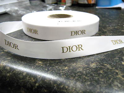 #ad AUTHENTIC DIOR Holiday Ribbon White Satin w Gold Lettering SOLD BY THE YARD $4.50