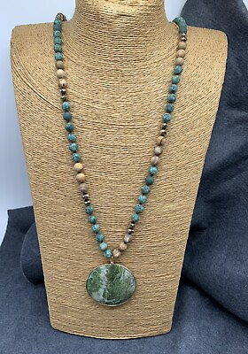 #ad 8mm 18 “Picture Jasper Green Stone Beads Circle Pendant Necklace Free Shipping $21.95