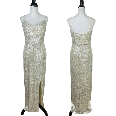 #ad Eliza J. NWT 8 Champagne Sequin Side Slit Sleeveless Full Length Formal Dress $125.00