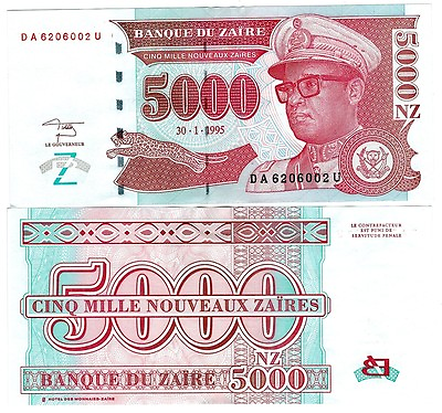 #ad 1995 Zaire 5000 Nouveaux Uncirculated Note $3.29